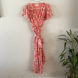 Tanya Taylor Blaire Ruffled Floral Midi-Dress Womens 8 Guava Peach Summery